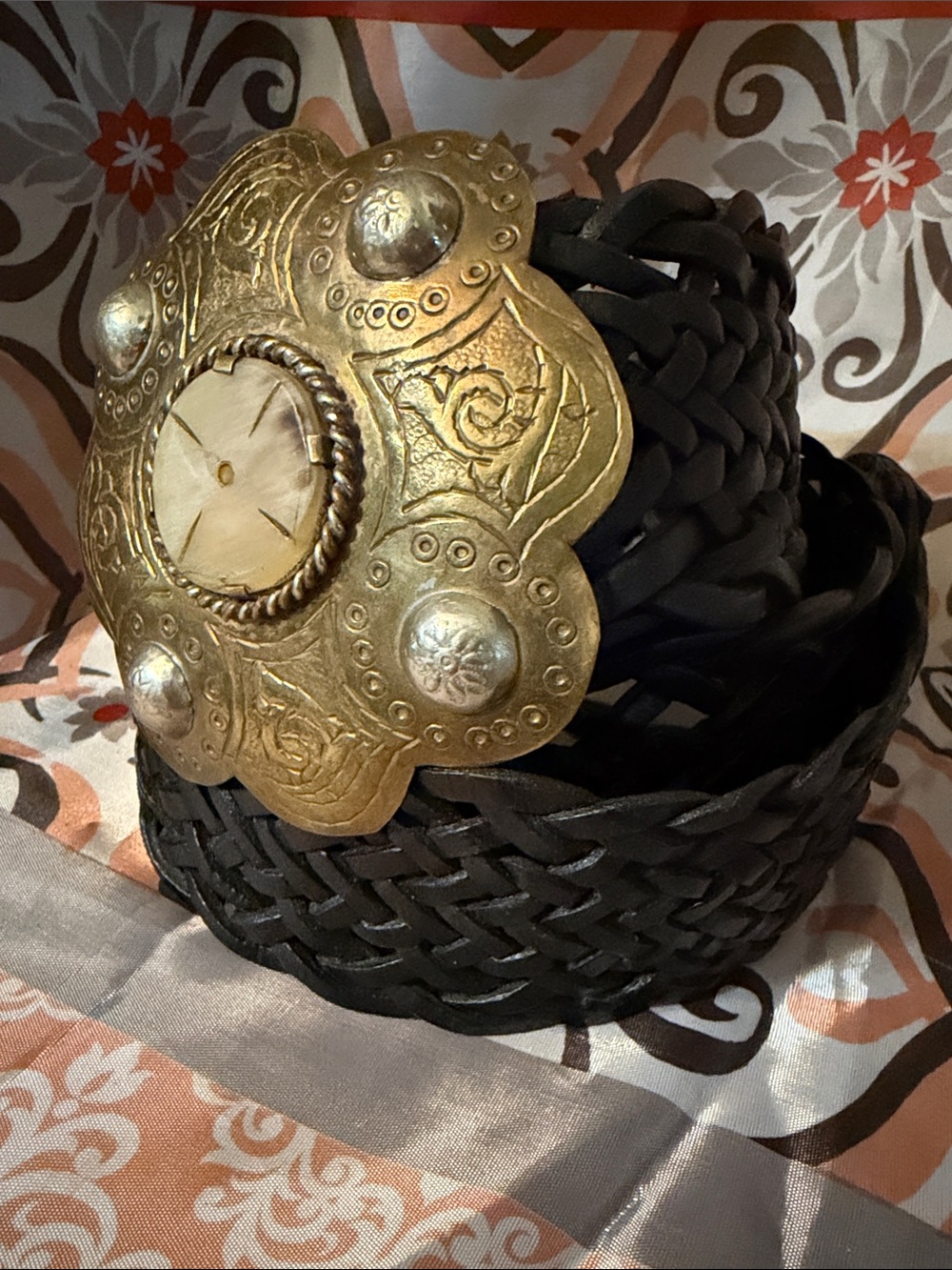 Made in Morocco - Braided Black Leather Belt with Antique Gold Floral Concho 38” - Picture 2 of 6